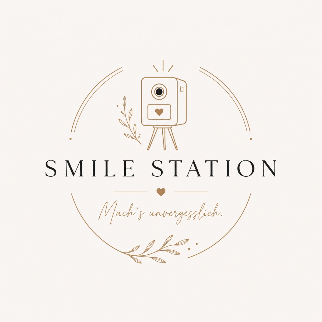 SMILE STATION Logo – Fotobox mit Herz und floralen Elementen