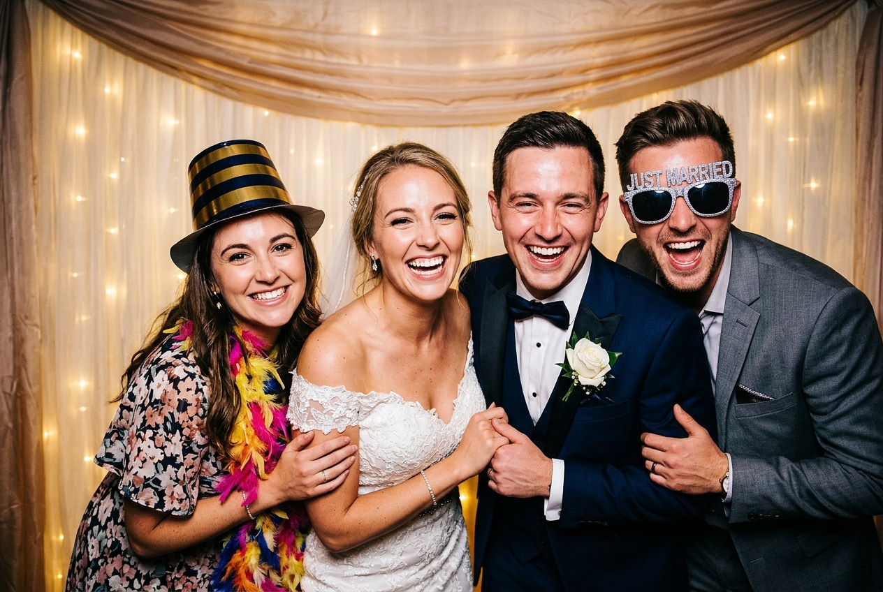 Brautpaar und Gäste lachen mit lustigen Requisiten in die Fotobox-Kamera